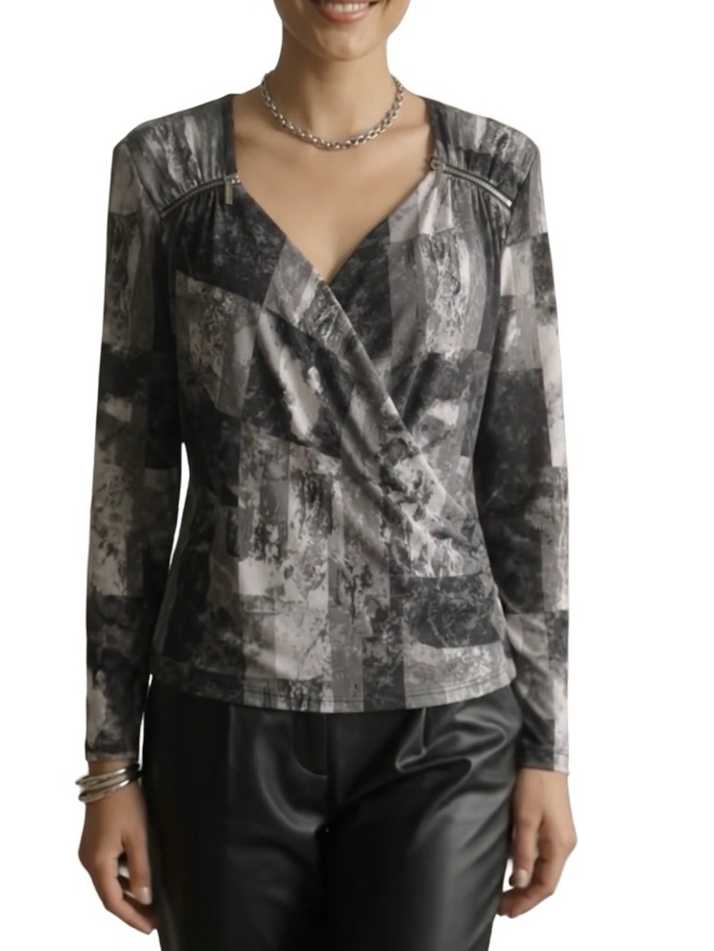 MICHAEL KORS Wrap Top Rushing Zipper Designer Event Evening Grey Black White L